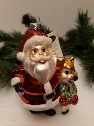 Celebrations By Radko Santa Claus With Reindeer Glass Christmas Ornament
