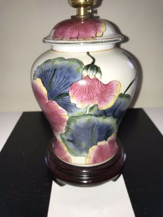 Oriental Asian Flower Porcelain Ginger Jar Lamp Pink Blue White W Wood Base
