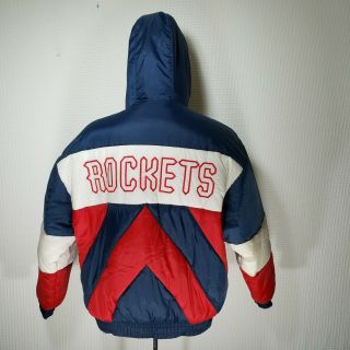 Rare Vintage Nba Houston Rockets Embroidered Hooded Zip Front Puffer Jacket L