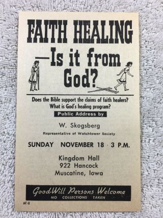 1961 Jehovahs Witnesses Watchtower Handbill Public Talk Invitation Usa