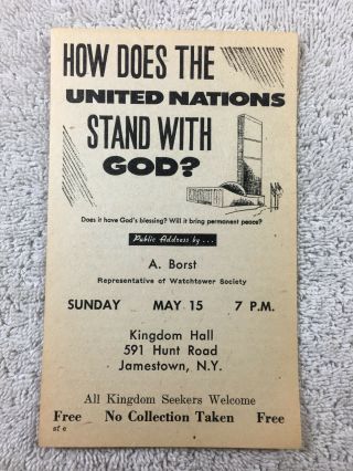 1960 Jehovahs Witnesses Watchtower Handbill Public Talk Invitation Usa