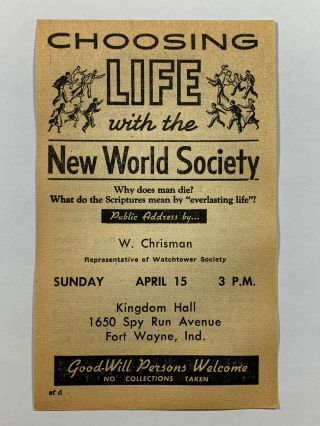 1956 Jehovahs Witnesses Watchtower Handbill Public Talk Invitation Usa
