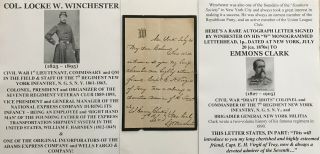 Civil War Lt 7th Ny Infantry Colonel Harnden Express President Letter Signed Vf