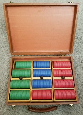 Antique Clay Poker Chip Set In Case With Trays.