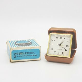 Vintage Westclox Wind Up Travel Alarm Clock Brown Brass Trim Fully Functional