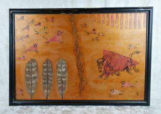 Vintage Mid C Mixed Media Acrylic Painting Southwestern Native American Buffalo
