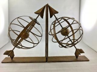 Armillary Sphere Metal Bookends Pair Real Rotation 10” Tall 8” Long