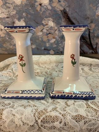 Tiffany & Company Hand Painted Porcelain Candlesticks W/ Blue,  Green & Rust