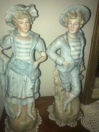 Pair Fabulous Antique Large German Porcelain Bisque Figurine 15 "