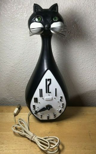 Vintage Spartus Cat Clock Black White Made In Usa