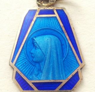 Sublime Antique Silver Blue Enamel Medal Pendant To Holy Virgin Mary