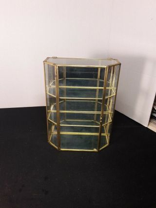Vtg 3 Shelf Tier Brass Glass Mirrored Curio Trinket Display Case Cabinet W/ Door