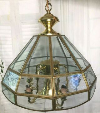 Vintage Brass Beveled Glass Chandelier Ceiling Light Fixture 5 Arm Hunter Co.
