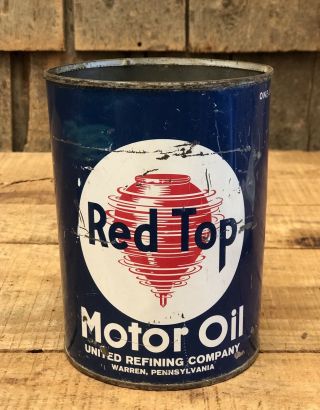 Vintage Red Top Motor Oil United Refining 1 Qt Gas Service Station Tin Can Sign