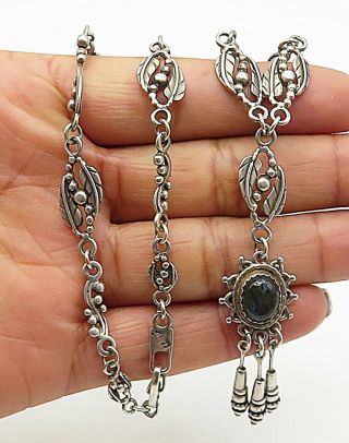 925 Silver - Vintage Black Moonstone Beaded Floral Leaf Chain Necklace - N2054