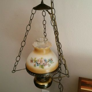 Vintage Flowers Milk Glass Swag Hanging Ceiling Mount Hurricane Lamp Light