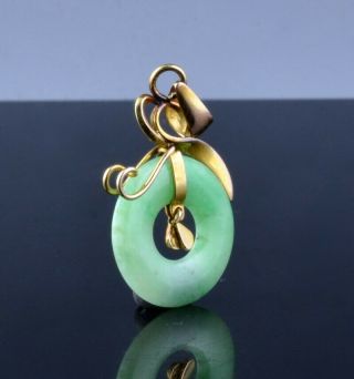 Fine Vintage Chinese 14k Gold Apple Green Jade Jadeite Bi Disc Necklace Pendant