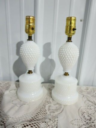 Vintage Pair White Milk Glass Hobnail Electric Table Lamps 12 "