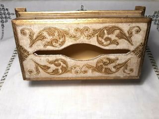 Vintage Wooden Italian Florentine Hinged Footed Tissue Box Cover White Gold Tole