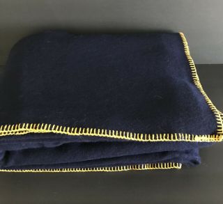 Vtg Navy Blue Gold Stitching Military Wool Blanket Throw 72 X 96