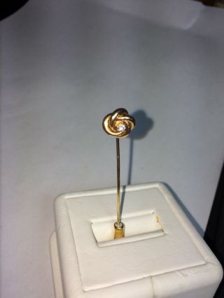 Vintage 14 Kt Yellow Gold Love Knot Stick Pin With Round Diamond.  03 Ct