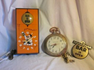 2 Vintage Bar Is Open Spartus Reverse Clock & Bartender Electrical Wall Sign