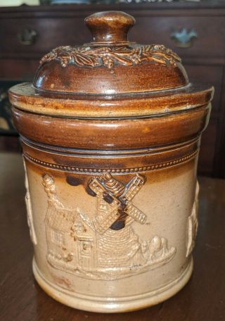 Antique English Stoneware Relief Molded Tobacco Jar 19th Century