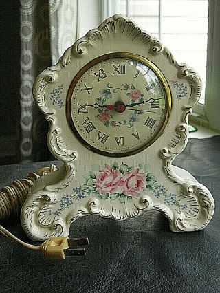 Vintage Pocelain Mantle Electric Clock Made In Usa Decorated Pink & Blue Flower