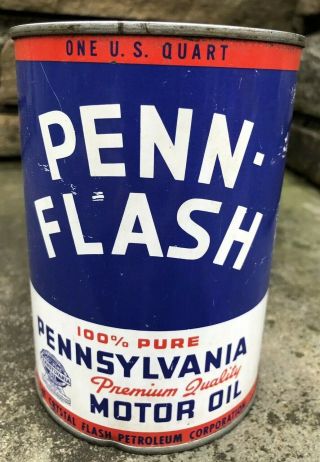 Vtg Penn Flash 100 Pennsylvania Motor Oil 1 Quart Oil Can Crystal Flash Oil Co