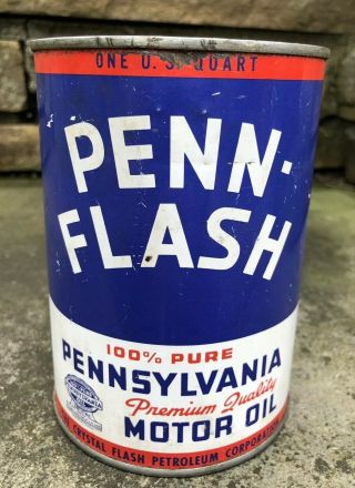 Vtg PENN FLASH 100 Pennsylvania Motor Oil 1 Quart Oil Can Crystal Flash Oil Co 2
