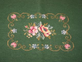 Antique Floral Needlepoint Tapestry Completed / Vintage Dark Green