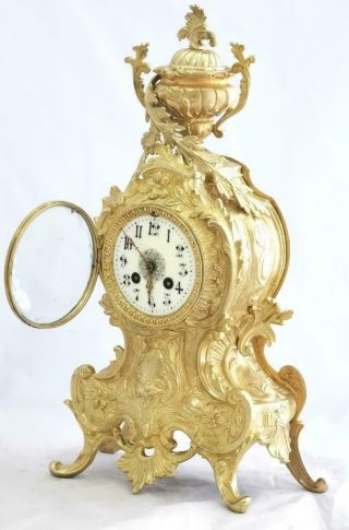 Antique French Mantle Clock Stunning 1880 ' s Rococo Embossed 8 day Gilt Bronze 2