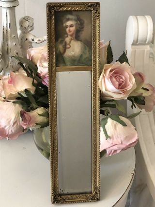 Petite Antique French Ornate Lady Portrait Trumeau Style Mirror Gild Wood Gesso