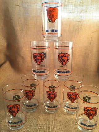 Set Of 8 Vintage Mobil Chicago Bears Glasses Tumblers Highballs 15 Oz.  1980