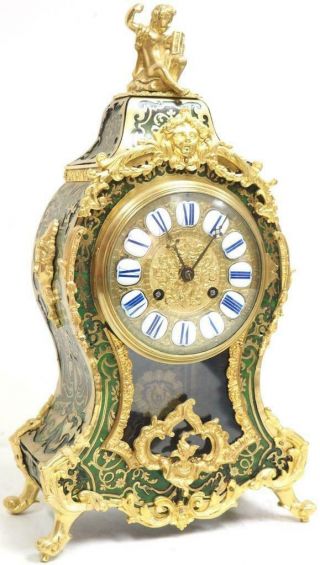 Rare Antique French Inlaid Boulle Bracket Clock 8 Day Green Shell Mantel Clock