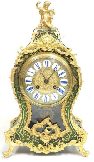 Rare Antique French Inlaid Boulle Bracket Clock 8 Day Green Shell Mantel Clock 2