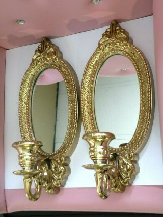 Vintage Home Interiors Oval Mirror Wall Hanging Sconce Candle Glass Holder HOMCO 2