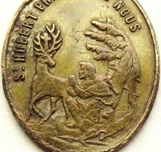Saint Hubert W Deer & Saint Rochus W Dog - Antique Bronze Medal Pendant