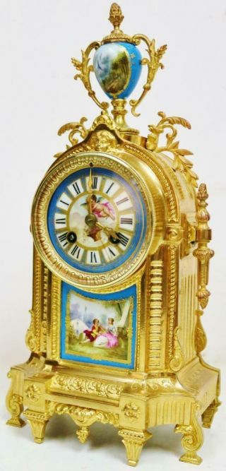 Antique French 8 Day Striking Bronze Ormolu & Blue Sevres Porcelain Mantel Clock 2