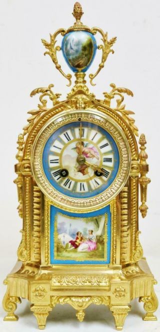Antique French 8 Day Striking Bronze Ormolu & Blue Sevres Porcelain Mantel Clock 3