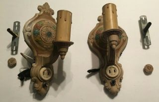 2 Vintage Wall Sconce Cast Metal Art Deco Electric Wall Light Fixture W/ Outlet