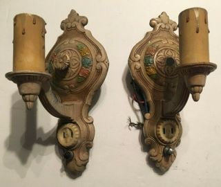 2 Vintage Wall Sconce Cast Metal Art Deco Electric Wall Light Fixture & Outlet