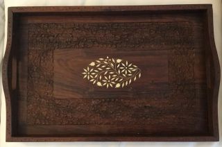 Vintage Rosewood Hand Carved Wood Floral Inlay Serving Large Tray 18” X 12”