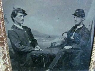 Twin Civil War Officers Sitting In Front Of A Camp Backdrop 1/4 Plate Tintype
