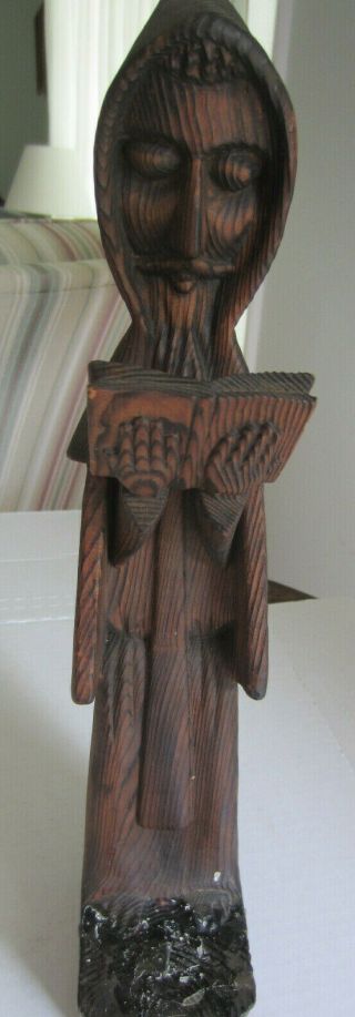 Primitive Wood Carved Hooded Monk Reading Bible/book Candle Holder Tollosan