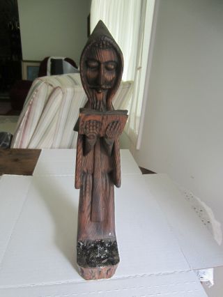 Primitive wood carved hooded Monk reading bible/book candle holder Tollosan 3