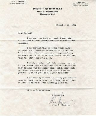 John F Kennedy Signed Authentic Letter November 18,  1952 With Loa