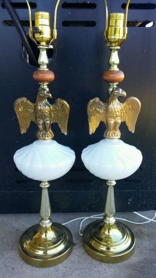 Vintage Brass Eagle And Milk White Glass Wood Table Lamp Lamps