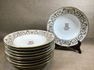 10 Antique Victor Etienne French Old Paris Porcelain Soup Bowls Monogrammed Mb