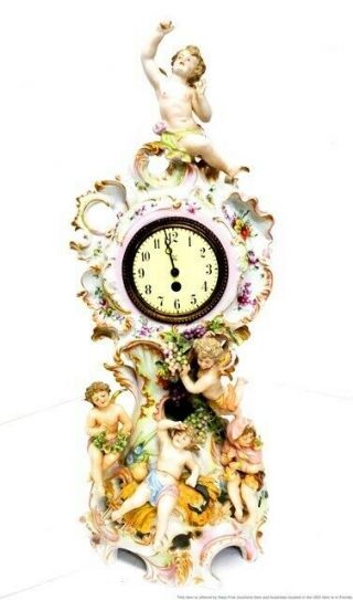 Stunning 17.  5inch Antique German Porcelain 5 Cherub Mantle Clock Rococo Putti